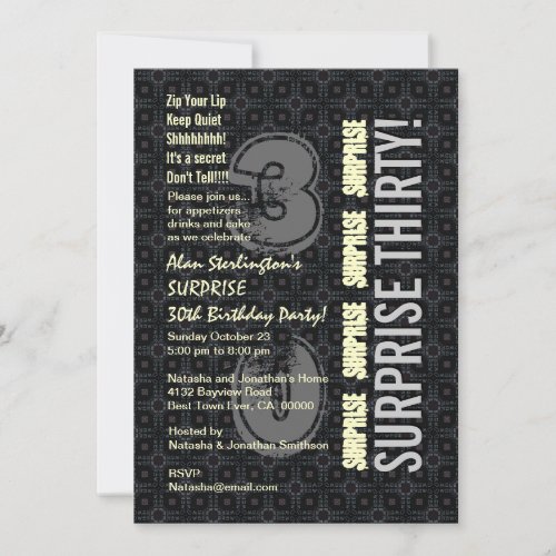 SURPRISE 30th Birthday Black Silver Ivory V4N Personalized Announcements