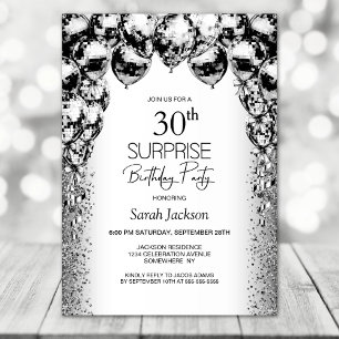 Surprise 30th Birthday Black White Balloons Party Invitation