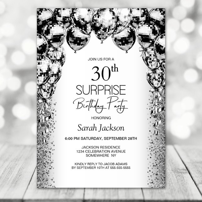 Surprise 30th Birthday Black White Balloons Party Invitation (Creator Uploaded)