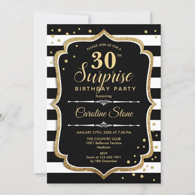 Surprise 30th Birthday - Black White Gold Invitation (Front)