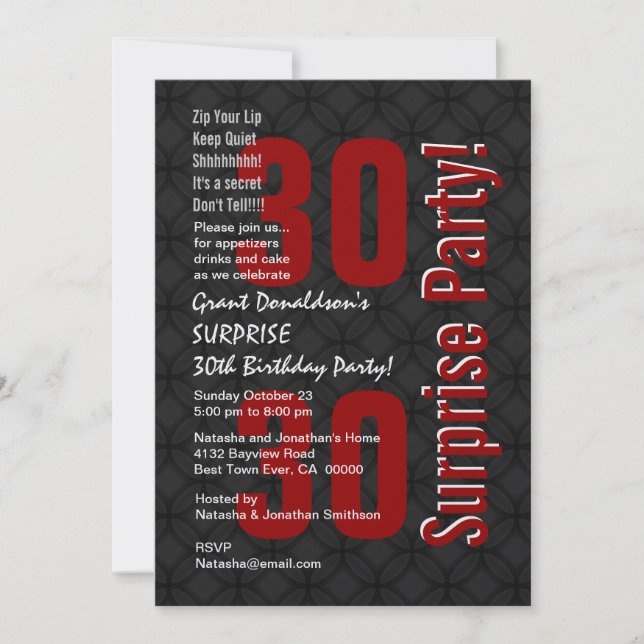 SURPRISE 30th Birthday Black White Red F001 Invitation (Front)