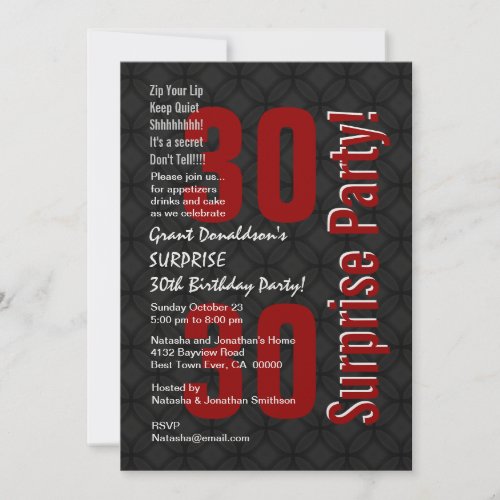 SURPRISE 30th Birthday Black White Red F001 Invitation