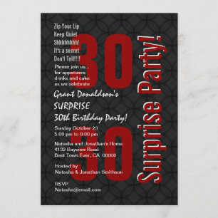 SURPRISE 30th Birthday Black White Red F001 Invitation