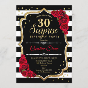 Surprise 30th Birthday - Black White Red Invitation