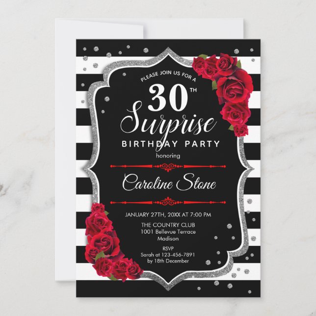 Surprise 30th Birthday - Black White Red Invitation (Front)