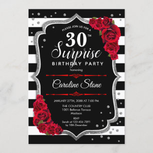 Surprise 30th Birthday - Black White Red Invitation