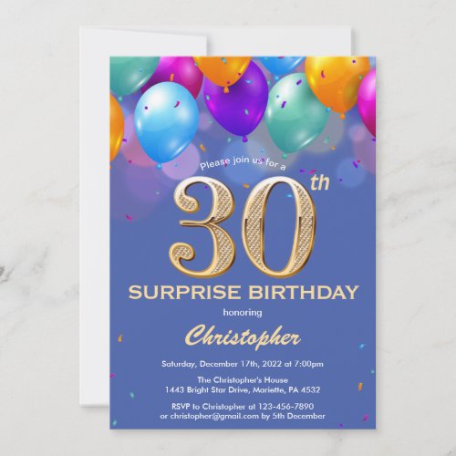 Surprise 30th Birthday Blue and Gold Balloons Invitation