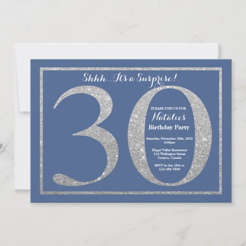 Surprise 30th Birthday Blue and Silver Glitter Invitation