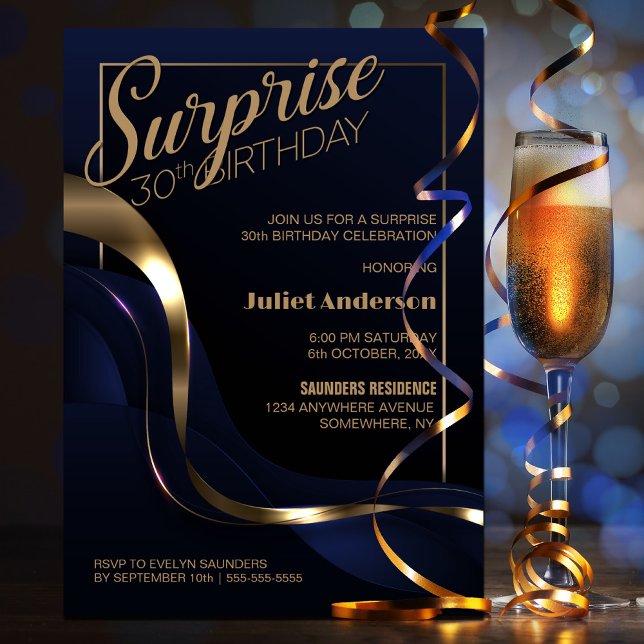 Surprise 30th Birthday Blue Gold Party Invitation (Creator Uploaded)