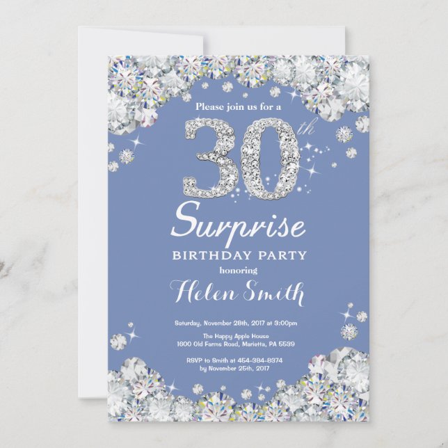 Surprise 30th Birthday Blue Silver Diamond Invitation (Front)