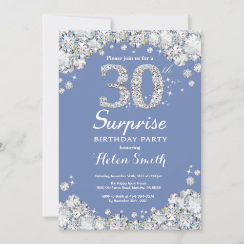 Surprise 30th Birthday Blue Silver Diamond Invitation