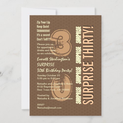 SURPRISE 30th Birthday Brown Tan Ivory V8 Personalized Announcement