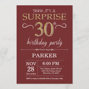 Surprise 30th Birthday Burgundy and Gold Glitter Invitation