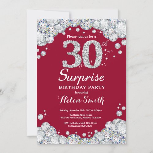 Surprise 30th Birthday Burgundy Red Silver Diamond Invitation