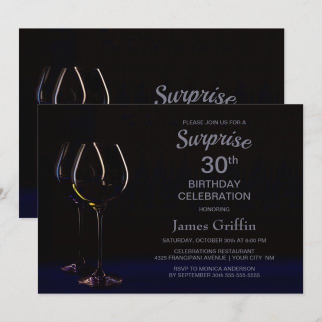 Surprise 30th Birthday Celebration Wine Glass Invitation (Front/Back)