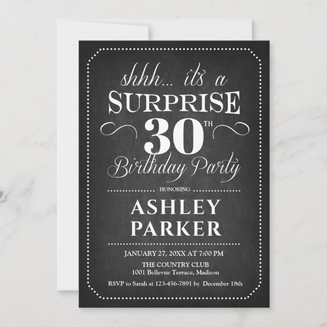 Surprise 30th Birthday - Chalkboard Black White Invitation (Front)