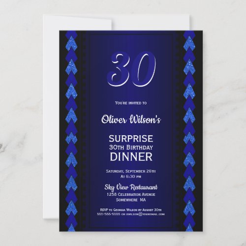 Surprise 30th Birthday Dinner Black and Blue Party Invitation