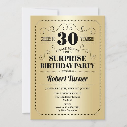 Surprise 30th Birthday _ Gold Black Invitation