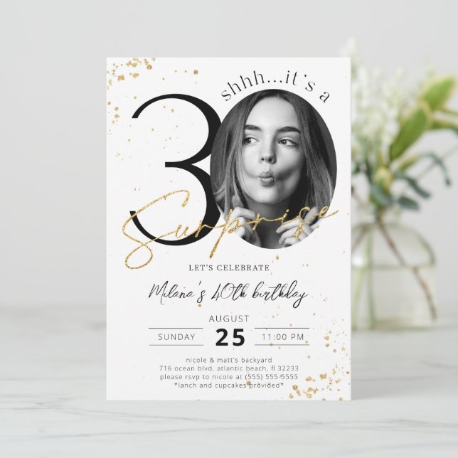 Surprise 30th Birthday Gold Invitation with Photo (Standing Front)