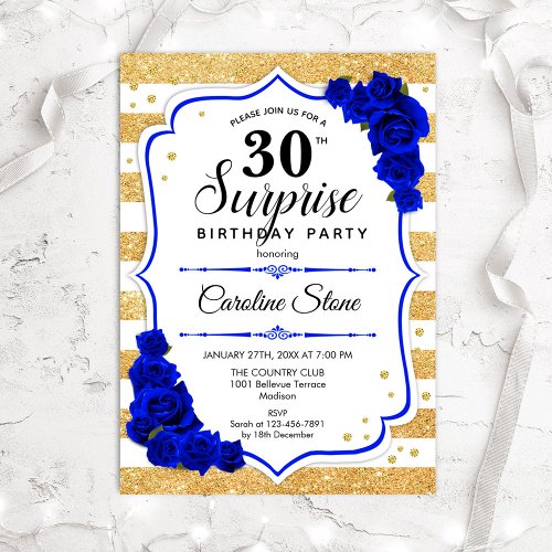 Surprise 30th Birthday _ Gold White Royal Blue Invitation