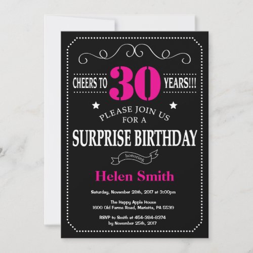 Surprise 30th Birthday Hot Pink and Black Invitation