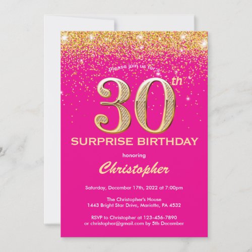 Surprise 30th Birthday Hot Pink and Gold Glitter Invitation