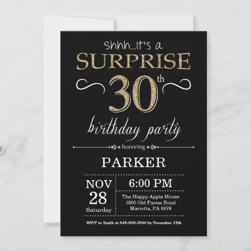 Surprise 30th Birthday Invitation Black and Gold