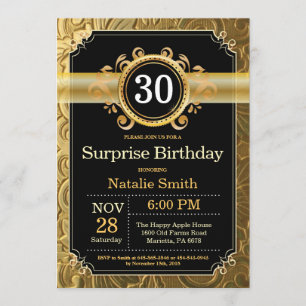 Surprise 30th Birthday Invitation Black and Gold