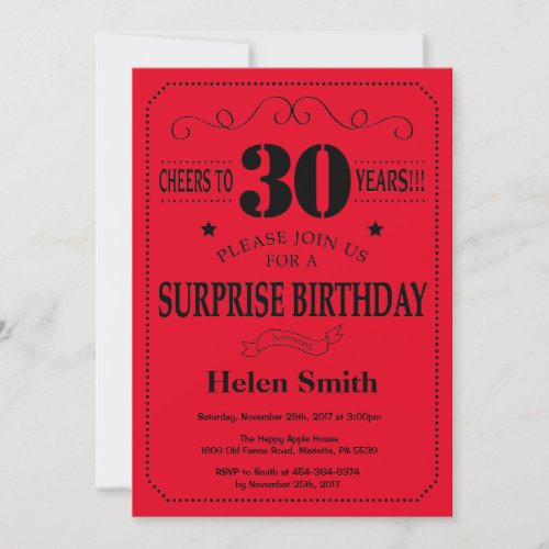 Surprise 30th Birthday Invitation Black and Red