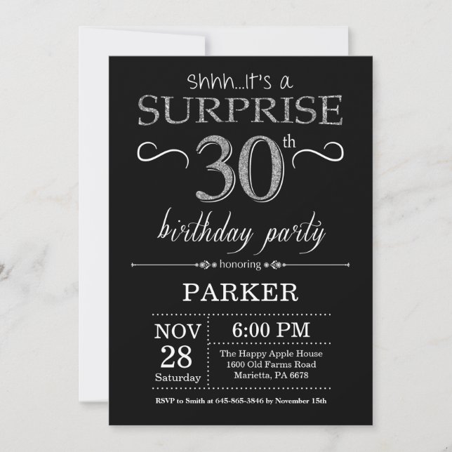 Surprise 30th Birthday Invitation Black and Silver (Front)