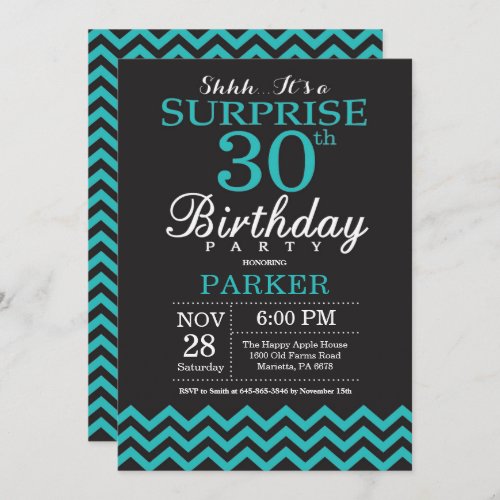 Surprise 30th Birthday Invitation Black and Teal