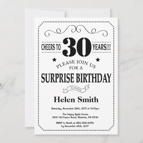 Surprise 30th Birthday Invitation Black and White