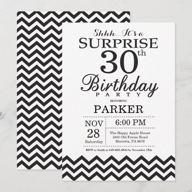 Surprise 30th Birthday Invitation Black Chevron (Front/Back)