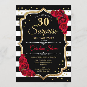 Surprise 30th Birthday Invitation Black White Red