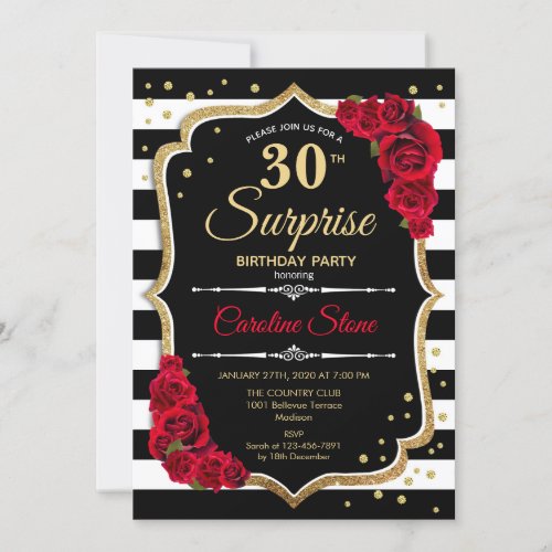 Surprise 30th Birthday Invitation Black White Red