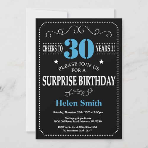 Surprise 30th Birthday Invitation Blue and Black