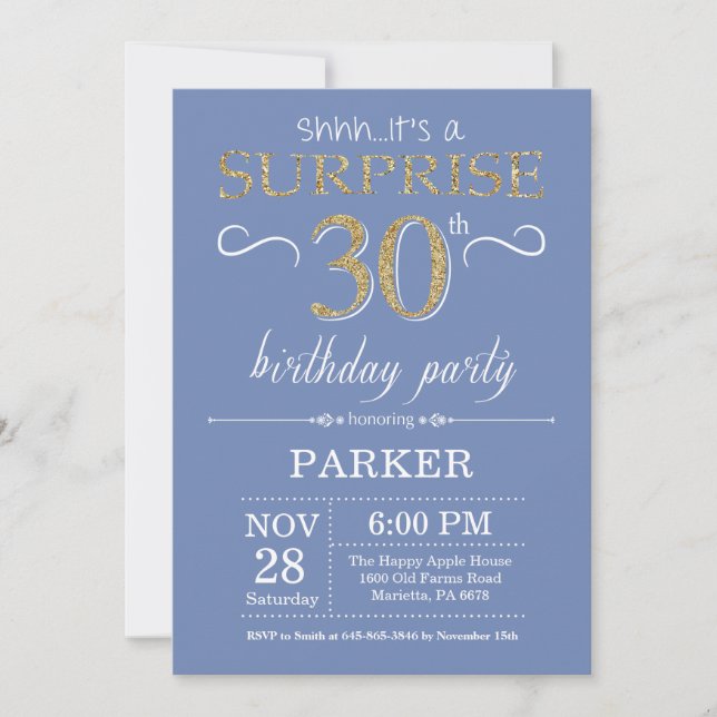 Surprise 30th Birthday Invitation Blue and Gold (Front)