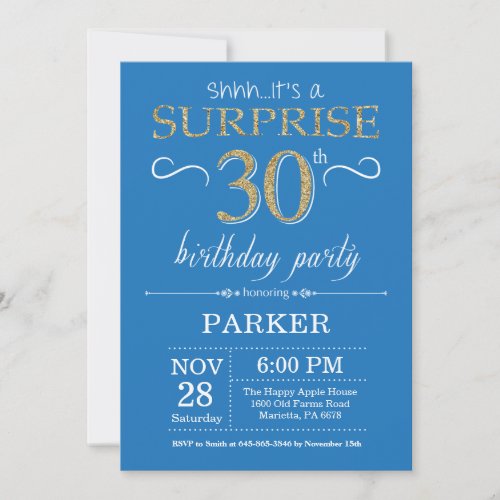 Surprise 30th Birthday Invitation Blue and Gold