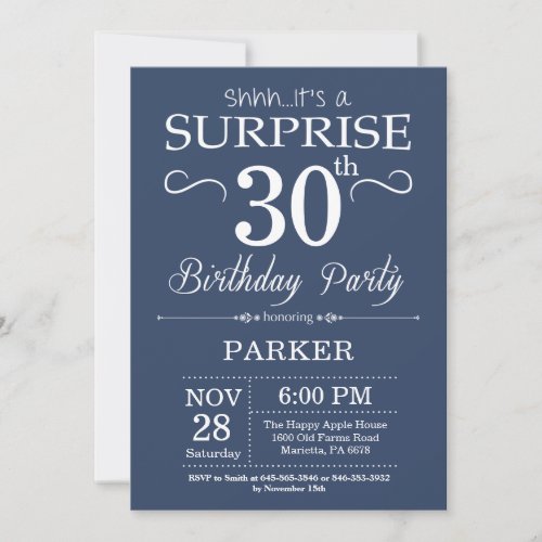 Surprise 30th Birthday Invitation Blue and White
