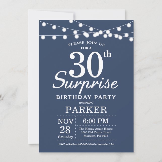 Surprise 30th Birthday Invitation Blue and White (Front)