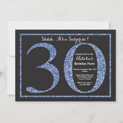 Surprise 30th Birthday Invitation Blue Glitter