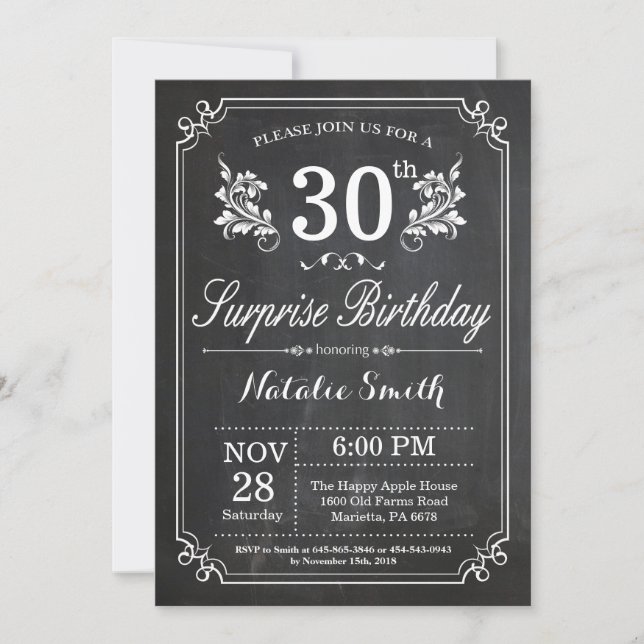 Surprise 30th Birthday Invitation Chalkboard (Front)