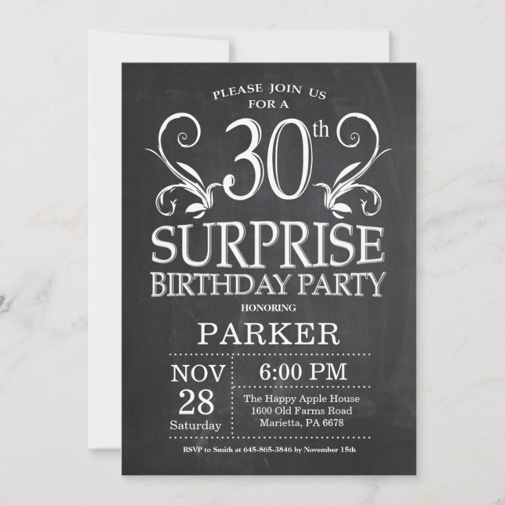 Surprise 30th Birthday Invitation Chalkboard | Zazzle