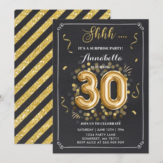 Surprise 30th Birthday Invitation Gold Chalkboard (Front/Back)