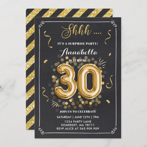 Surprise 30th Birthday Invitation Gold Chalkboard