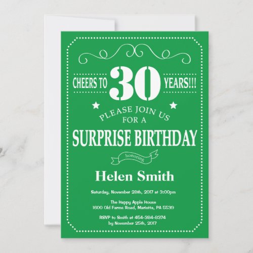 Surprise 30th Birthday Invitation Green and White
