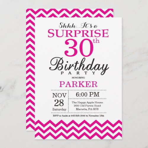 Surprise 30th Birthday Invitation Hot Pink Chevron