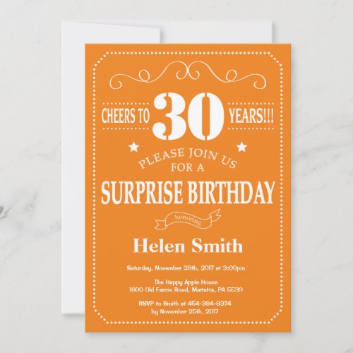 Surprise 30th Birthday Invitation Orange and White