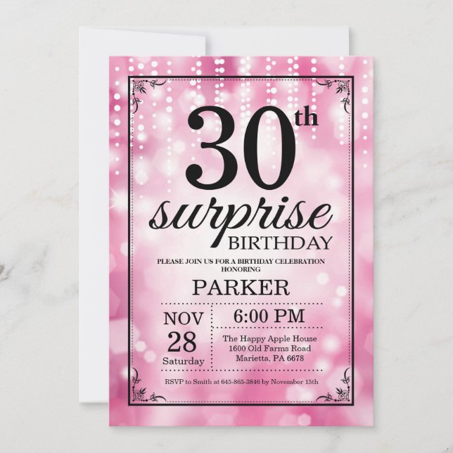 Surprise 30th Birthday Invitation Pink Glitter (Front)