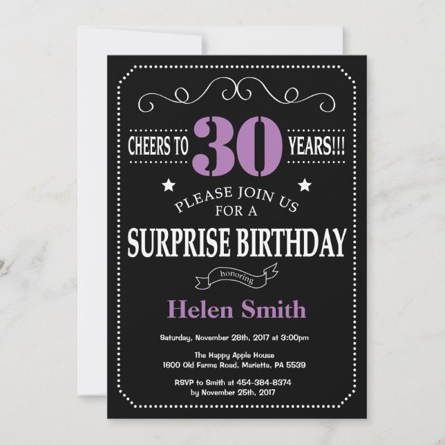 Surprise 30th Birthday Invitation Purple and Black (Front)